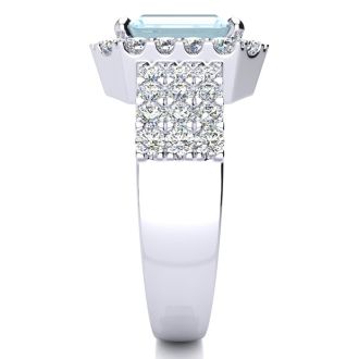 Aquamarine Ring: Aquamarine Jewelry: 3 Carat Aquamarine and Halo Diamond Ring In 14 Karat White Gold