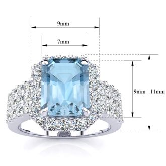 Aquamarine Ring: Aquamarine Jewelry: 3 Carat Aquamarine and Halo Diamond Ring In 14 Karat White Gold
