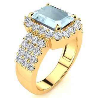 Aquamarine Ring: Aquamarine Jewelry: 3 Carat Aquamarine and Halo Diamond Ring In 14 Karat Yellow Gold