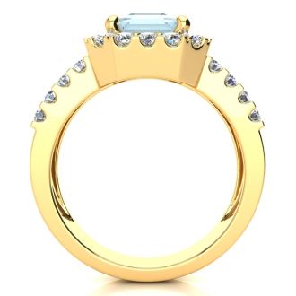 Aquamarine Ring: Aquamarine Jewelry: 3 Carat Aquamarine and Halo Diamond Ring In 14 Karat Yellow Gold
