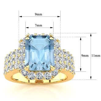 Aquamarine Ring: Aquamarine Jewelry: 3 Carat Aquamarine and Halo Diamond Ring In 14 Karat Yellow Gold