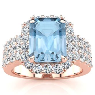 Aquamarine Ring: Aquamarine Jewelry: 3 Carat Aquamarine and Halo Diamond Ring In 14 Karat Rose Gold