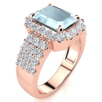 Aquamarine Ring: Aquamarine Jewelry: 3 Carat Aquamarine and Halo Diamond Ring In 14 Karat Rose Gold