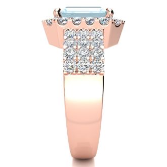 Aquamarine Ring: Aquamarine Jewelry: 3 Carat Aquamarine and Halo Diamond Ring In 14 Karat Rose Gold
