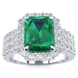3 Carat Emerald and Halo Diamond Ring In 14 Karat White Gold