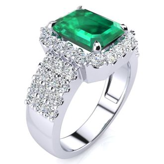 3 Carat Emerald and Halo Diamond Ring In 14 Karat White Gold