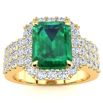 3 Carat Emerald and Halo Diamond Ring In 14 Karat Yellow Gold