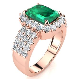 3 Carat Emerald and Halo Diamond Ring In 14 Karat Rose Gold