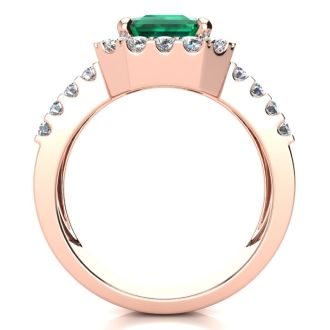 3 Carat Emerald and Halo Diamond Ring In 14 Karat Rose Gold