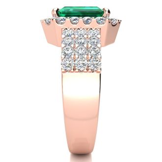 3 Carat Emerald and Halo Diamond Ring In 14 Karat Rose Gold