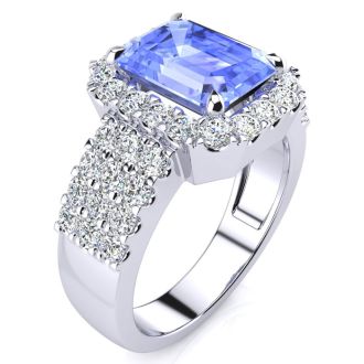 3 1/2 Carat Tanzanite and Halo Diamond Ring In 14 Karat White Gold