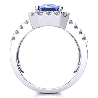 3 1/2 Carat Tanzanite and Halo Diamond Ring In 14 Karat White Gold