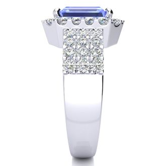 3 1/2 Carat Tanzanite and Halo Diamond Ring In 14 Karat White Gold