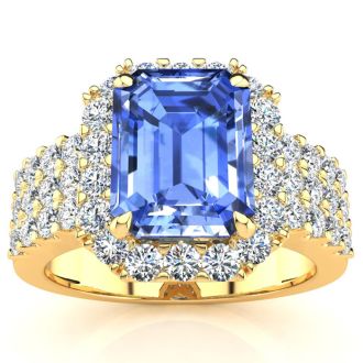 3 1/2 Carat Tanzanite and Halo Diamond Ring In 14 Karat Yellow Gold