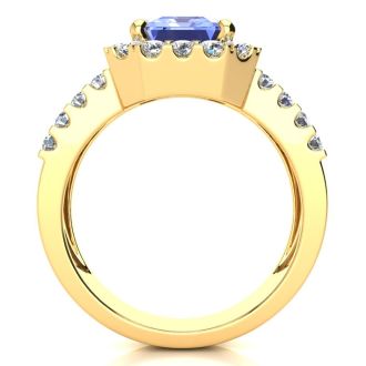 3 1/2 Carat Tanzanite and Halo Diamond Ring In 14 Karat Yellow Gold