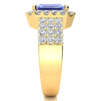 3 1/2 Carat Tanzanite and Halo Diamond Ring In 14 Karat Yellow Gold
