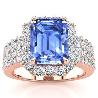 3 1/2 Carat Tanzanite and Halo Diamond Ring In 14 Karat Rose Gold