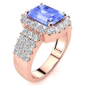 3 1/2 Carat Tanzanite and Halo Diamond Ring In 14 Karat Rose Gold