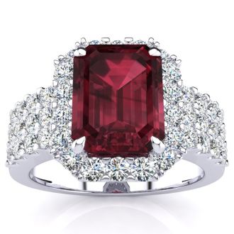 Garnet Ring: Garnet Jewelry: 3 3/4 Carat Garnet and Halo Diamond Ring In 14 Karat White Gold