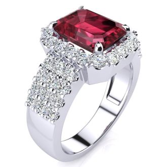 Garnet Ring: Garnet Jewelry: 3 3/4 Carat Garnet and Halo Diamond Ring In 14 Karat White Gold