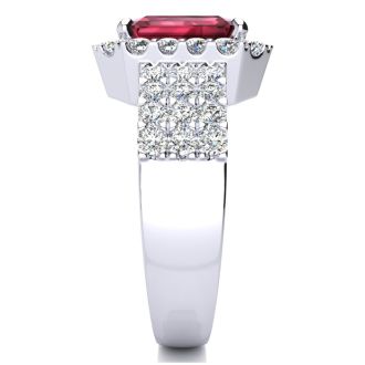 Garnet Ring: Garnet Jewelry: 3 3/4 Carat Garnet and Halo Diamond Ring In 14 Karat White Gold