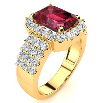 Garnet Ring: Garnet Jewelry: 3 3/4 Carat Garnet and Halo Diamond Ring In 14 Karat Yellow Gold