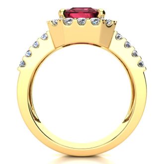 Garnet Ring: Garnet Jewelry: 3 3/4 Carat Garnet and Halo Diamond Ring In 14 Karat Yellow Gold