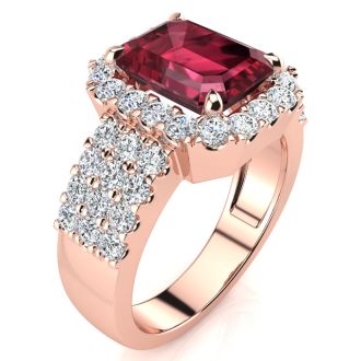 Garnet Ring: Garnet Jewelry: 3 3/4 Carat Garnet and Halo Diamond Ring In 14 Karat Rose Gold