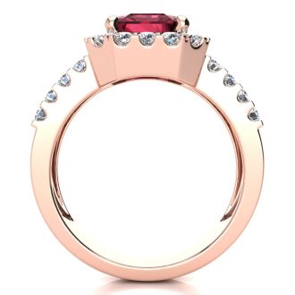 3 3/4 Carat Garnet and Halo Diamond Ring In 14 Karat Rose Gold
