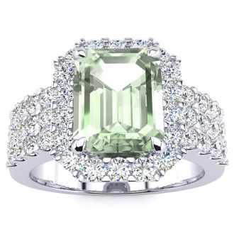 3 Carat Green Amethyst and Halo Diamond Ring In 14 Karat White Gold