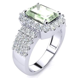 3 Carat Green Amethyst and Halo Diamond Ring In 14 Karat White Gold