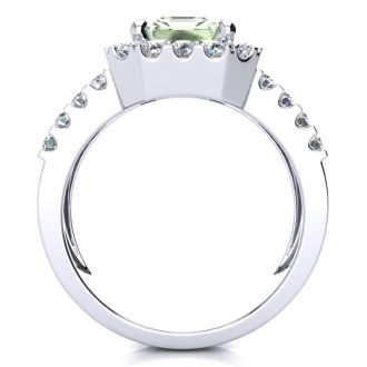 3 Carat Green Amethyst and Halo Diamond Ring In 14 Karat White Gold