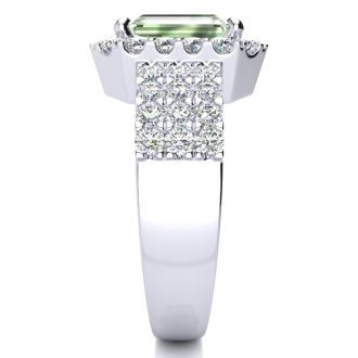 3 Carat Green Amethyst and Halo Diamond Ring In 14 Karat White Gold