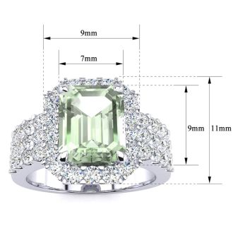3 Carat Green Amethyst and Halo Diamond Ring In 14 Karat White Gold