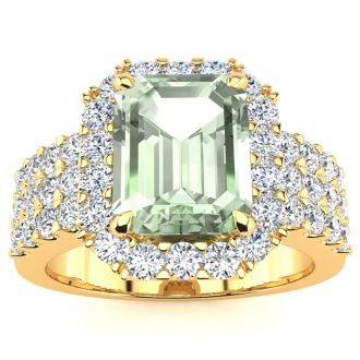 3 Carat Green Amethyst and Halo Diamond Ring In 14 Karat Yellow Gold