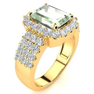 3 Carat Green Amethyst and Halo Diamond Ring In 14 Karat Yellow Gold
