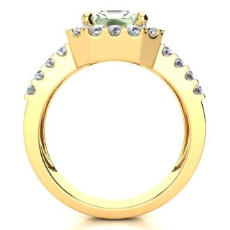3 Carat Green Amethyst and Halo Diamond Ring In 14 Karat Yellow Gold