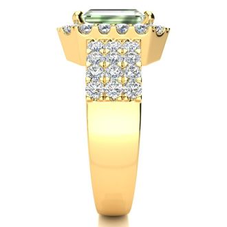 3 Carat Green Amethyst and Halo Diamond Ring In 14 Karat Yellow Gold