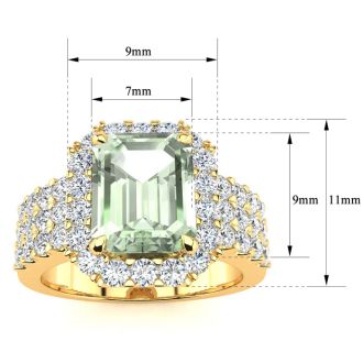 3 Carat Green Amethyst and Halo Diamond Ring In 14 Karat Yellow Gold