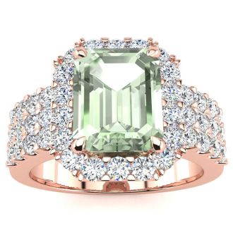 3 Carat Green Amethyst and Halo Diamond Ring In 14 Karat Rose Gold