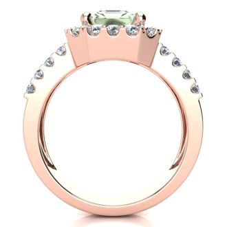 3 Carat Green Amethyst and Halo Diamond Ring In 14 Karat Rose Gold