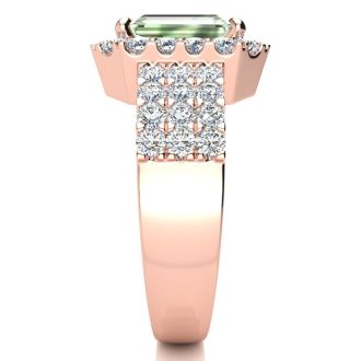3 Carat Green Amethyst and Halo Diamond Ring In 14 Karat Rose Gold
