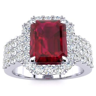 3 3/4 Carat Ruby and Halo Diamond Ring In 14 Karat White Gold