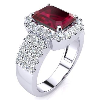 3 3/4 Carat Ruby and Halo Diamond Ring In 14 Karat White Gold