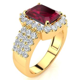 3 3/4 Carat Ruby and Halo Diamond Ring In 14 Karat Yellow Gold