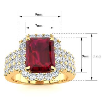 3 3/4 Carat Ruby and Halo Diamond Ring In 14 Karat Yellow Gold