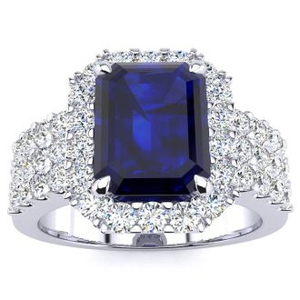 3 3/4 Carat Sapphire and Halo Diamond Ring In 14 Karat White Gold