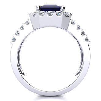 3 3/4 Carat Sapphire and Halo Diamond Ring In 14 Karat White Gold
