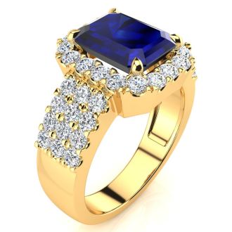 3 3/4 Carat Sapphire and Halo Diamond Ring In 14 Karat Yellow Gold