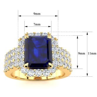 3 3/4 Carat Sapphire and Halo Diamond Ring In 14 Karat Yellow Gold